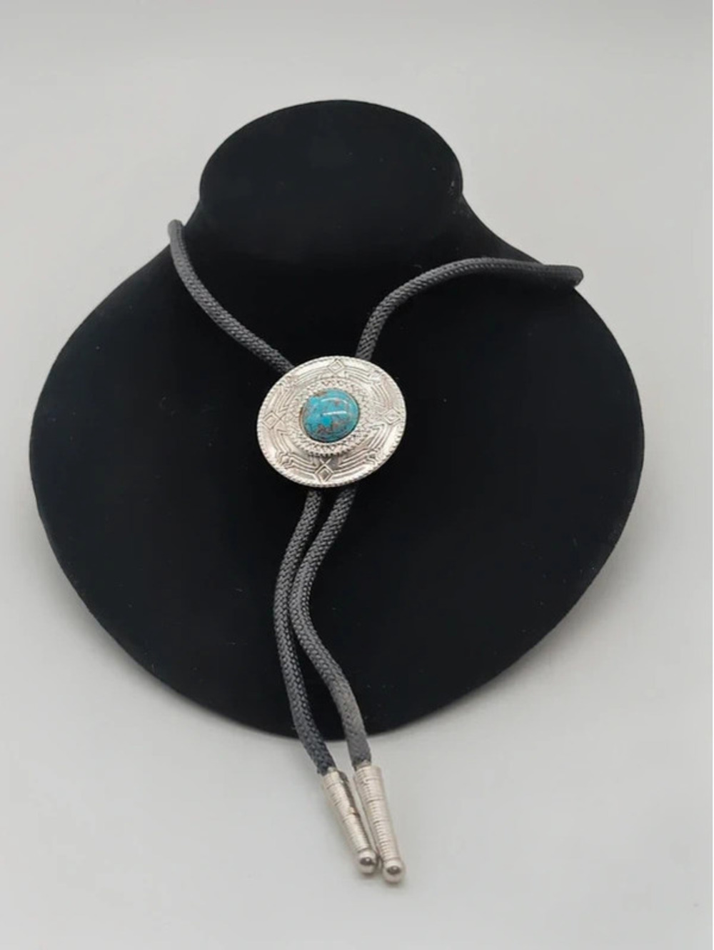 Vintage Silver Tone Faux Turquoise Bolo Tie Western Cowboy Necktie